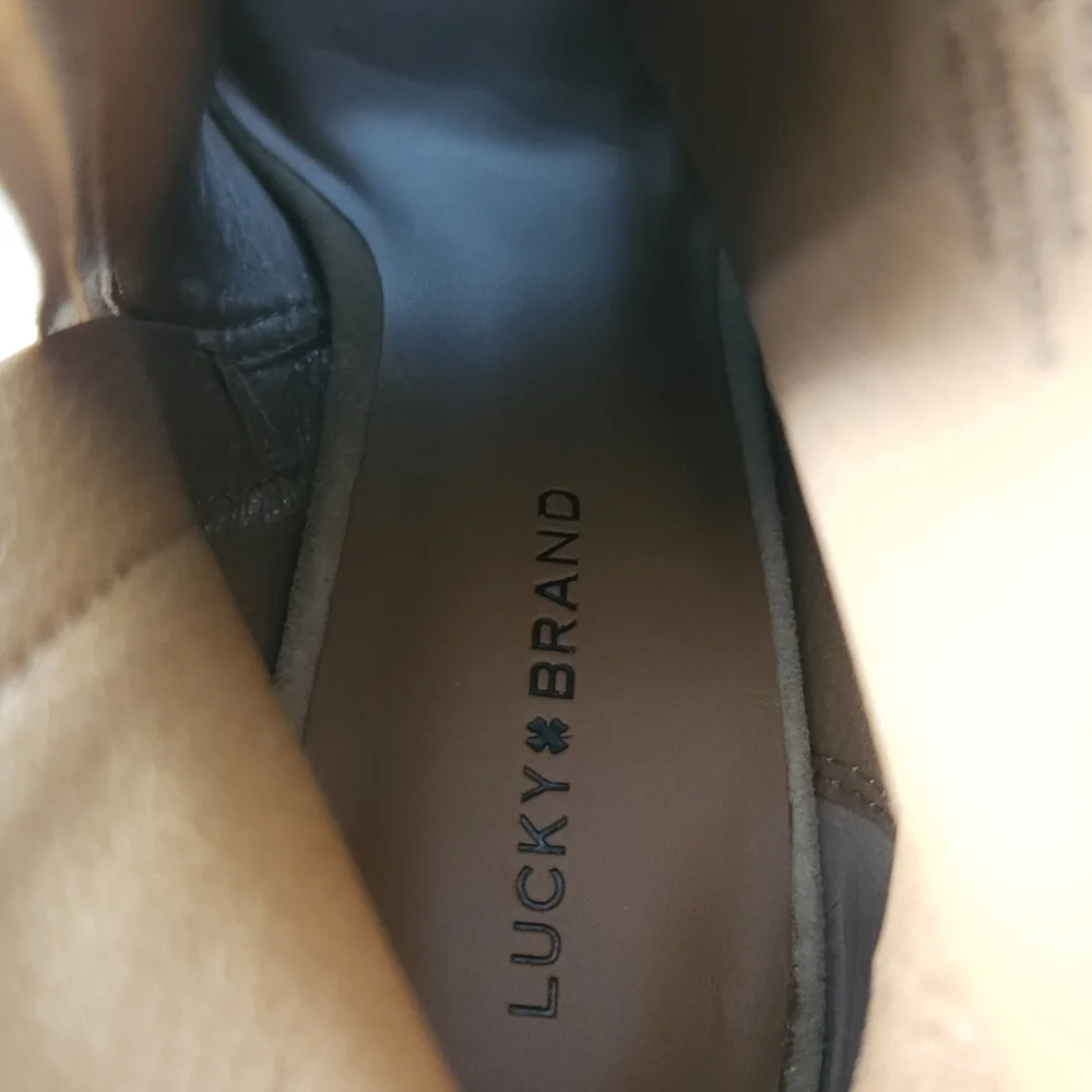 Lucky Brand LK Lureli Suede Peep Toe Wedge Booties Womens 9M Tan Leather‎ Ankle